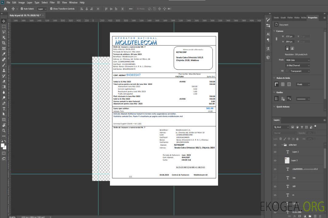 Facture commerciale de services publics de Moldtelecom, SCR template Facture commerciale de services publics de Moldtelecom, SCR template